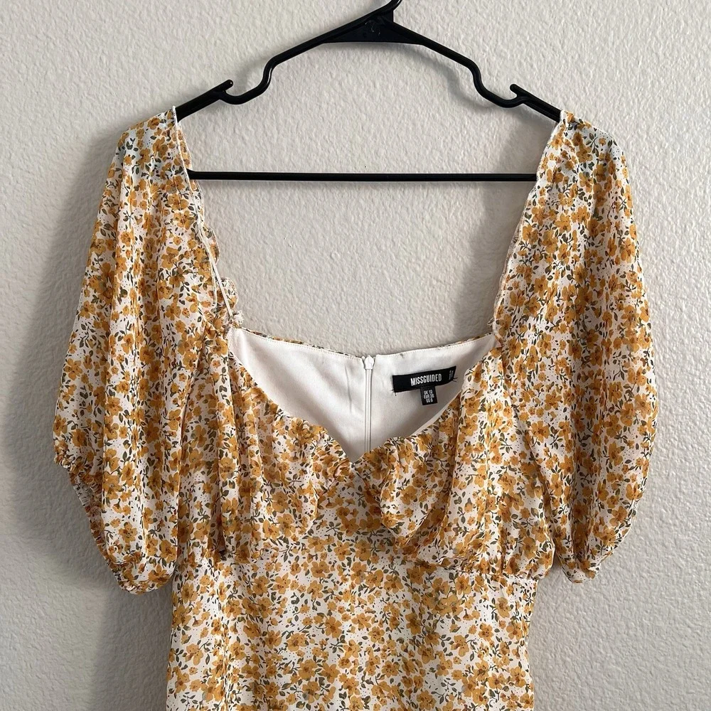 Missguided Sz 6 Dress Puff Sleeve Empire Waist Floral Mini Milkmaid Cottagecore - Picture 3 of 7